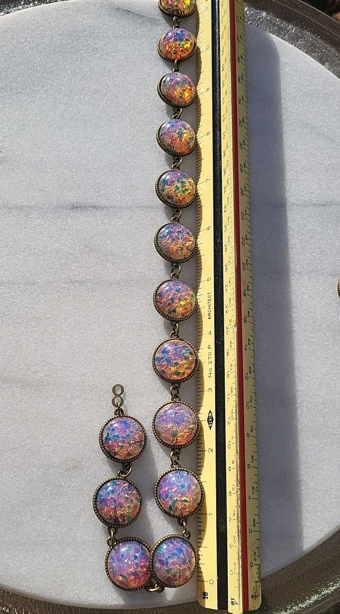 VINTAGE OPAL FOIL MILKY LILAC GLASS CABACHON STATION NECKLACE SET HEAVY ARTISAN