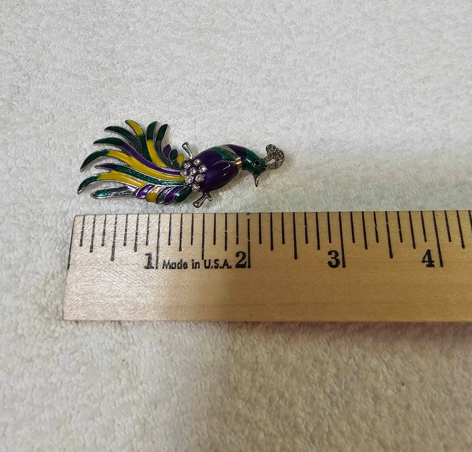 Silvertone Brooch Pin Peacock Bird of paradise Clear Stone & Purple Yellow Green