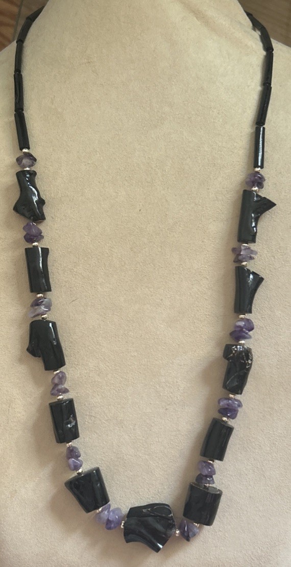 Vintage estate Hawaiian black coral Amythest 28”necklace Genuine & Rare Piece