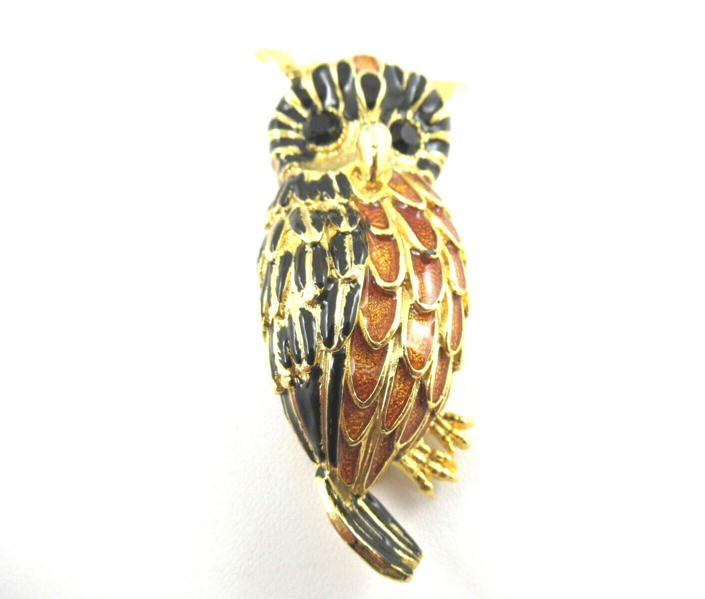 Vintage Owl Brooch Brown, Black Enamel and Gold Tone with Rhinestone Eyes
