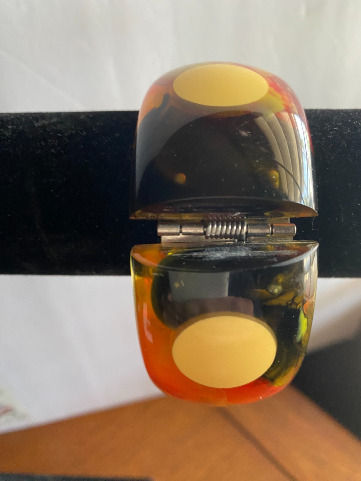 vintage bakelite hinged bangle mulity colors with off white dots signed Pantti