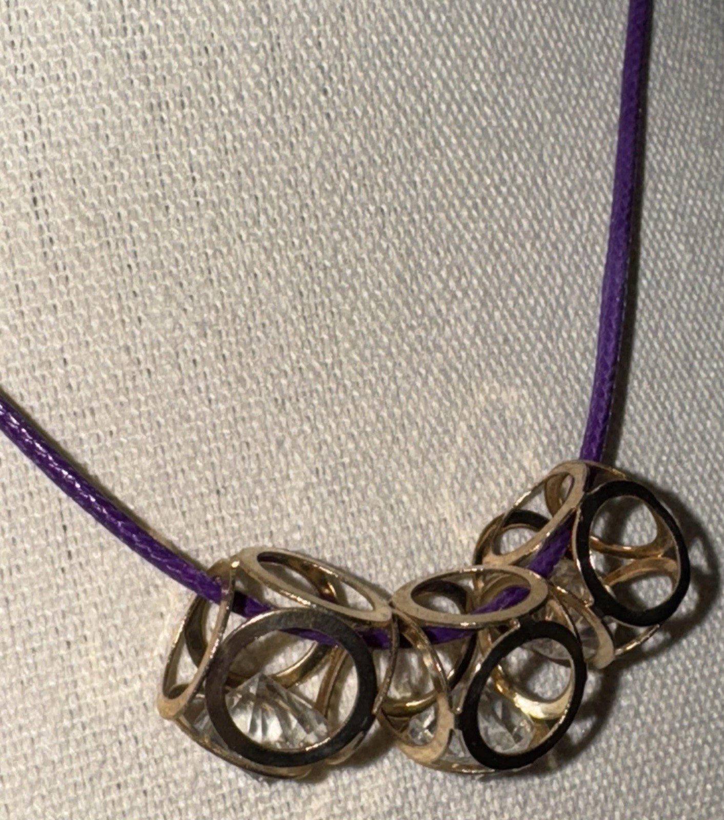 Vintage 1970’s Goldtone & Glass Gem 3 Cube Pendant On Purple Cord Necklace