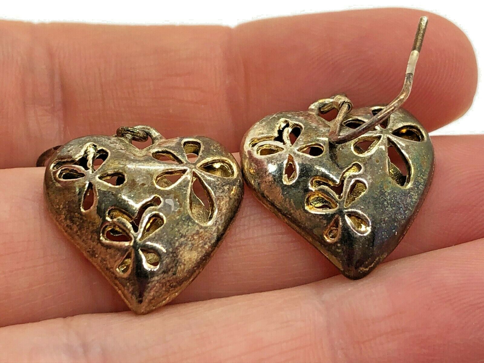 Vintage Sterling Silver Floral Hearts Flowers Dangle Earrings 5.6 Grams