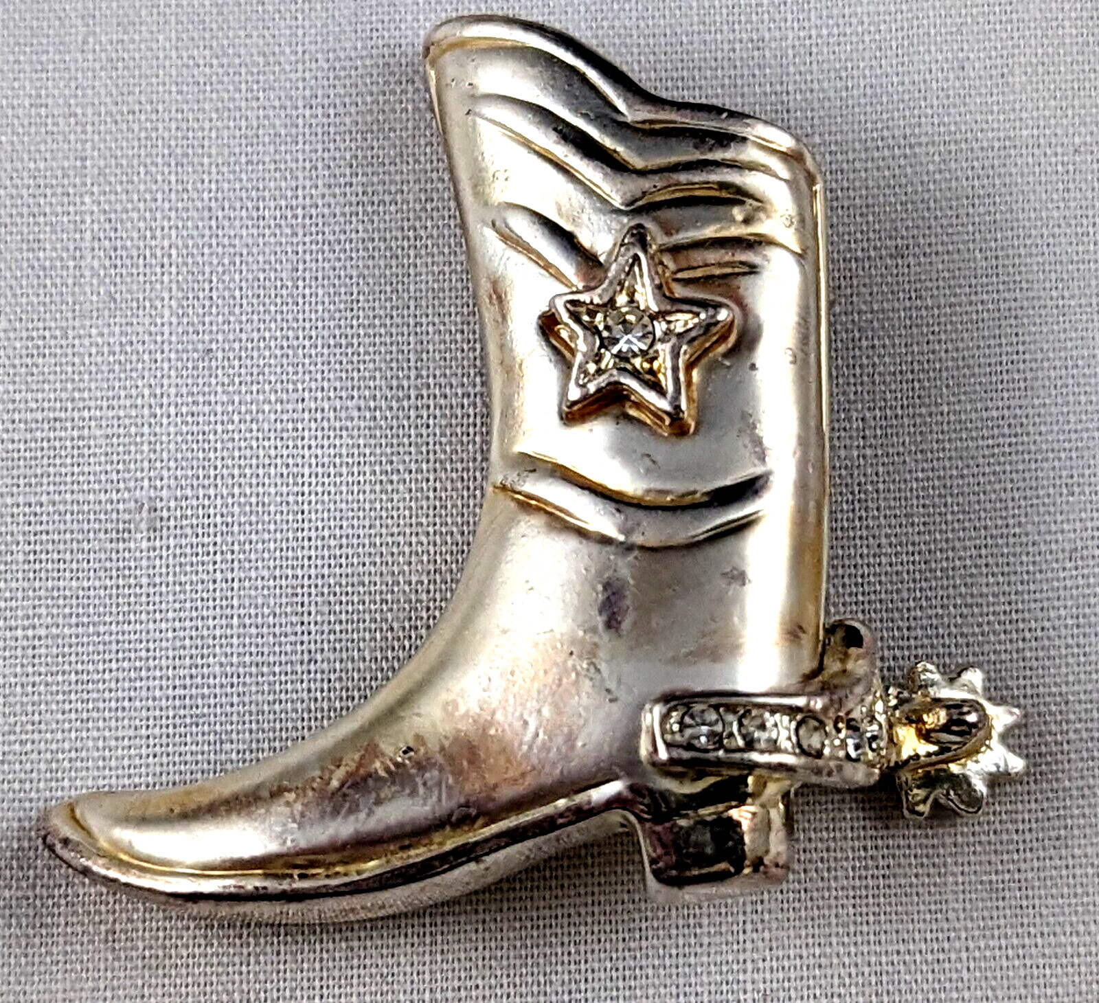 VTG Brooch Pin Cowboy Boot with Spur Crystals Silver Tone Western Rodeo