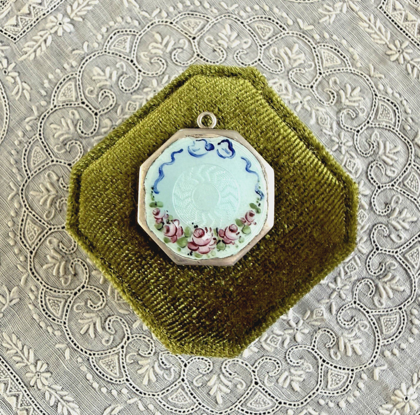 Vintage Art Deco Sterling Guilloche Enamel Religious Sacred Heart Locket Pendant