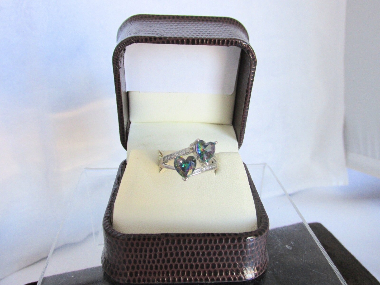 Vintage 925 Sterling Silver Mystic Topaz Double Hearts Ring Signed Sz 6