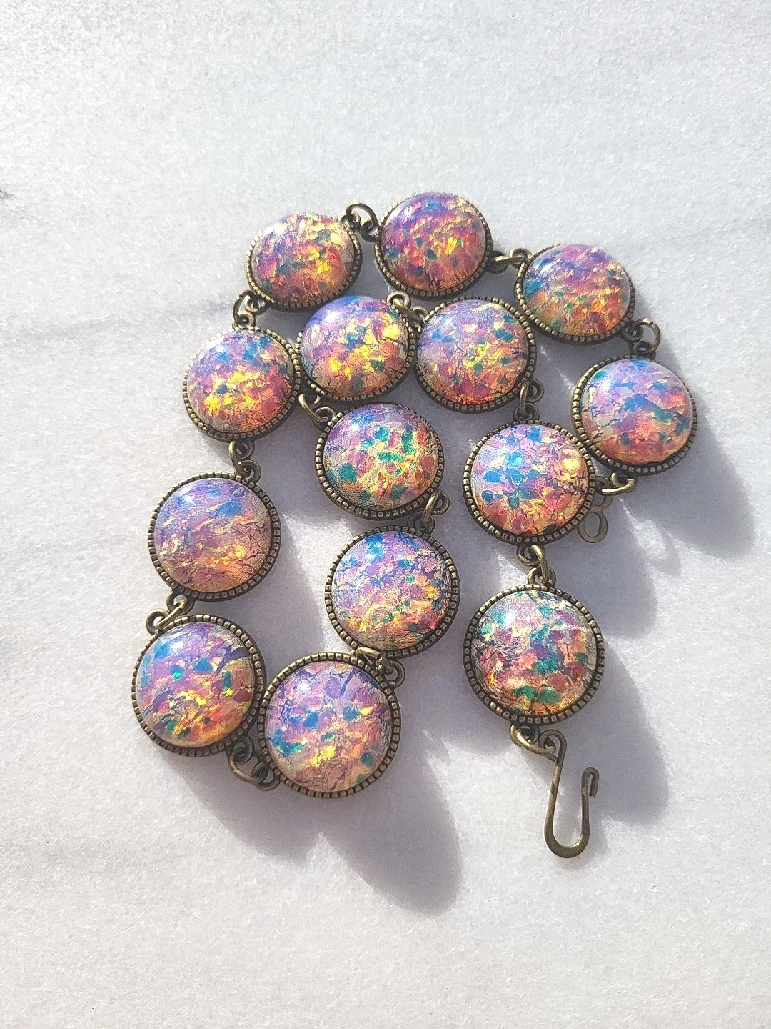 VINTAGE OPAL FOIL MILKY LILAC GLASS CABACHON STATION NECKLACE SET HEAVY ARTISAN
