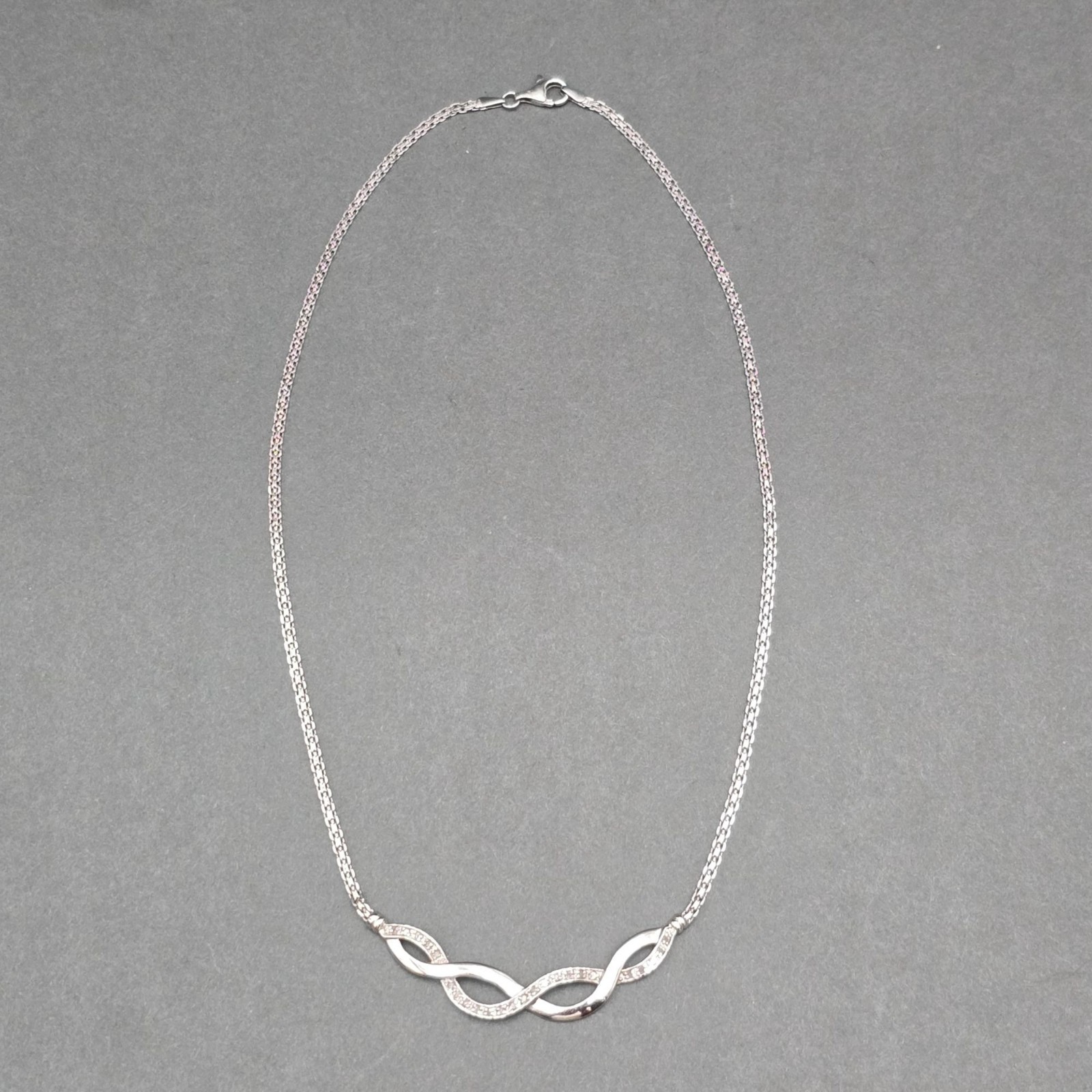 Vintage CW Sterling Silver CZ Infinity Wave Bar Choker Necklace 15″ Designer