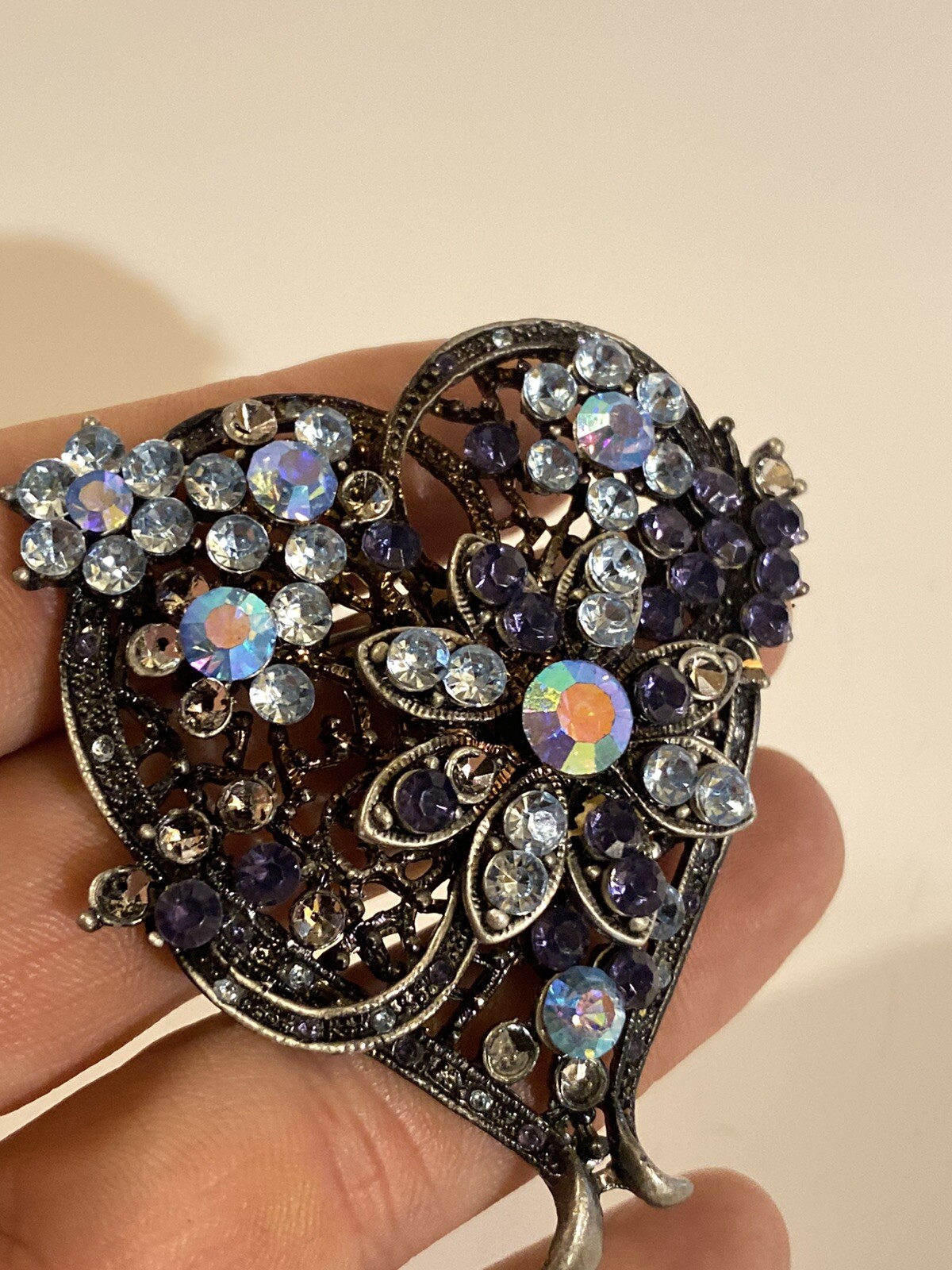 Vintage 1990s 1980s pewter Ice Blue Rhinestone ornate Heart Brooch