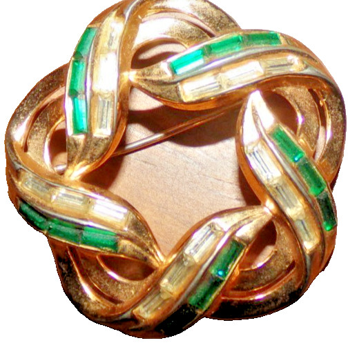 CROWN TRIFARI PAT. PEND signed pin with green and clear channel set stones–OMG!