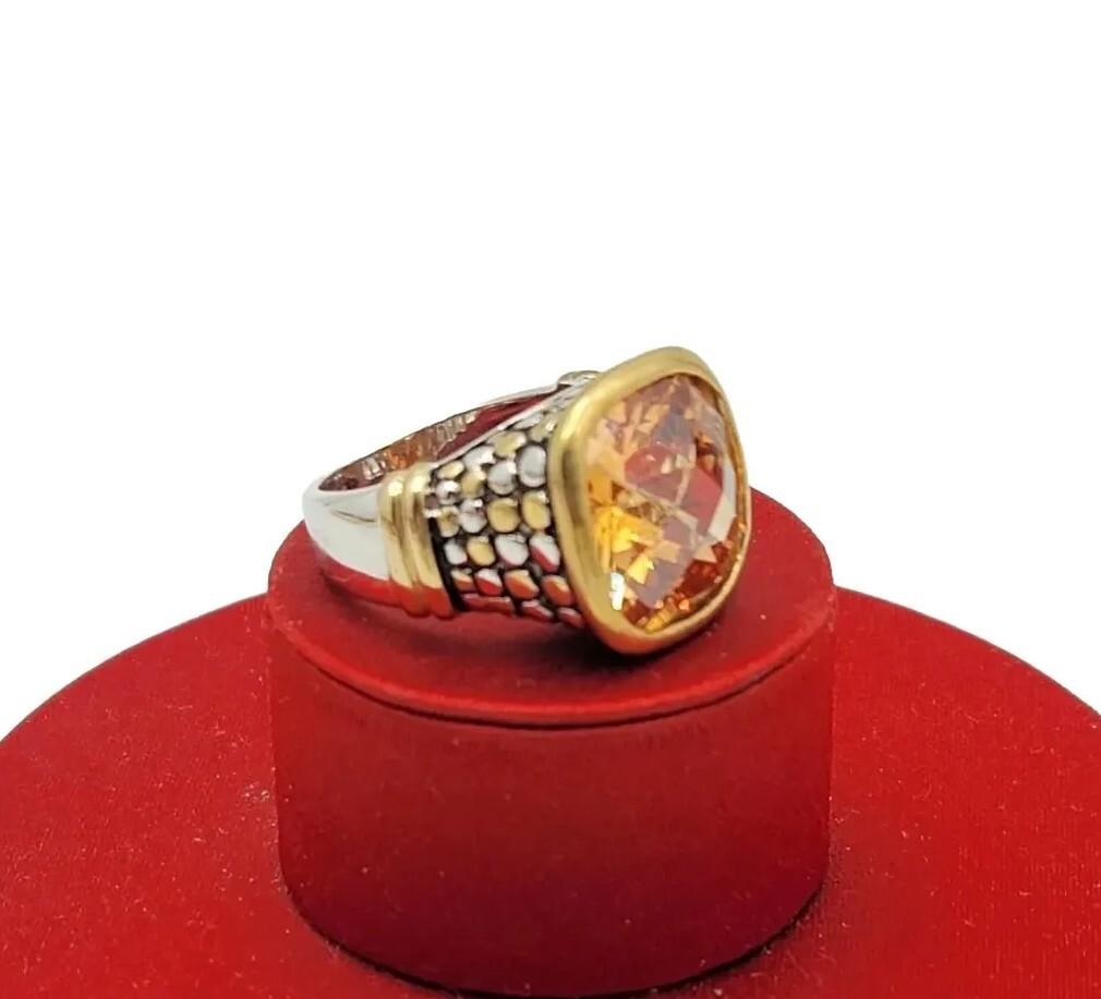 Vtg Sz 6 Ring Lg Citrine Topaz Cubic Zirconia Medieval Theme Fashion Jewelry Dot