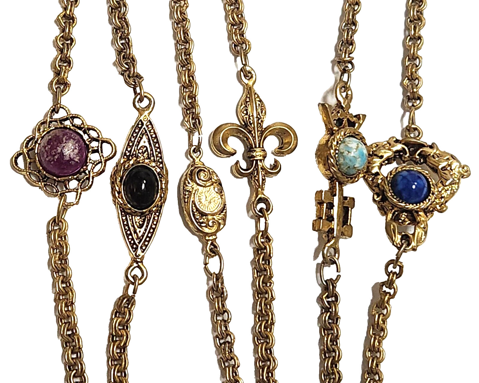 Vintage Unsigned Goldette Fluer de Lis, Faux Gemstone. Key Station Necklace 54″