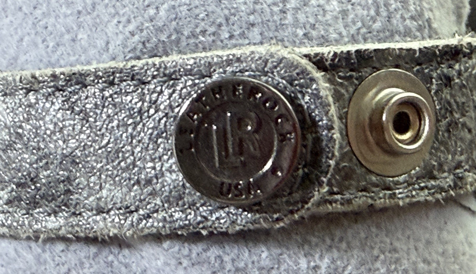Vtg Leatherock USA Light-Grey Leather Band Bracelet Rhinestone Embellished Boho