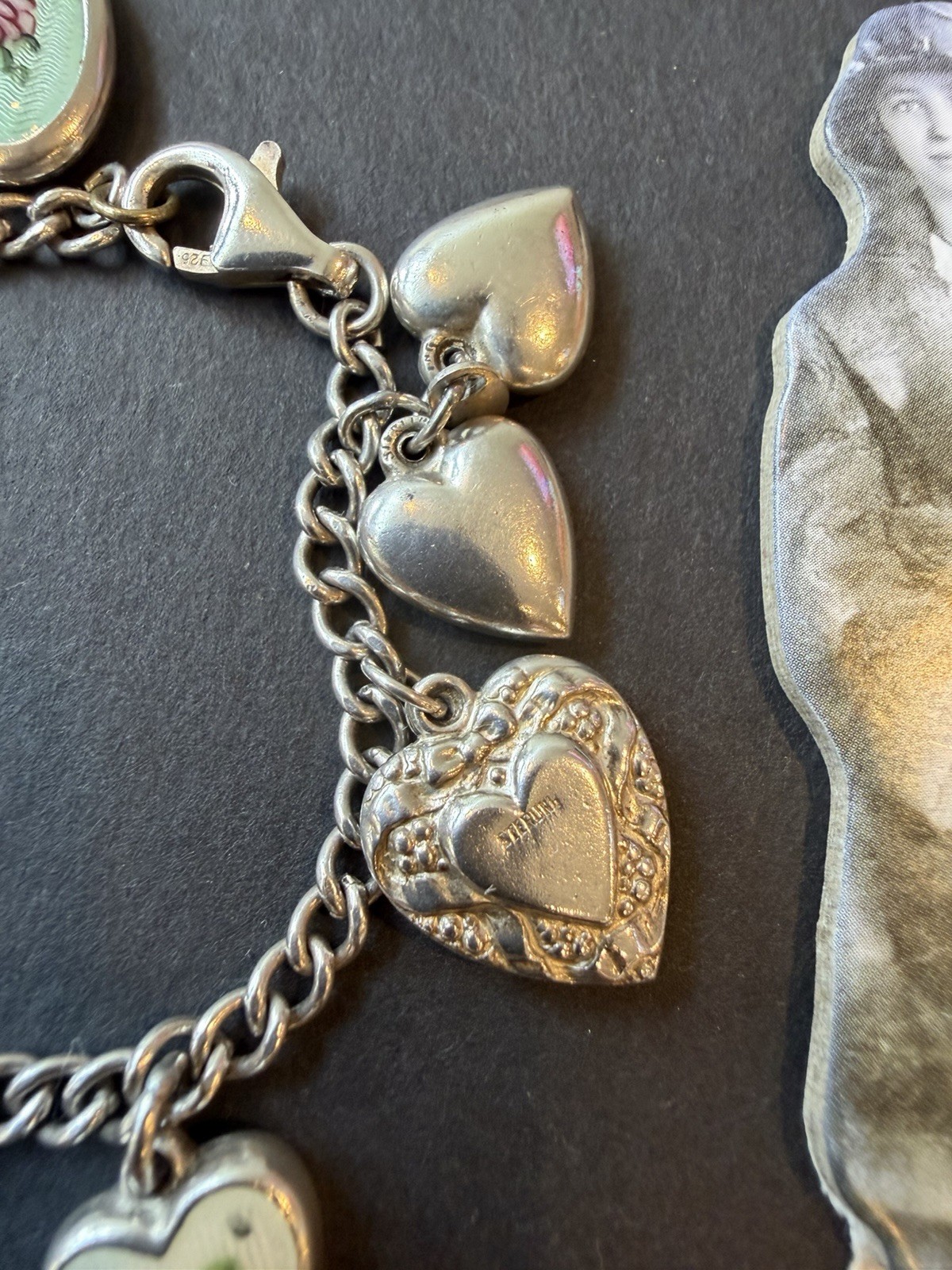 Antique Victorian Sterling Charm Bracelet W/ Puffy Hearts Cloisonné