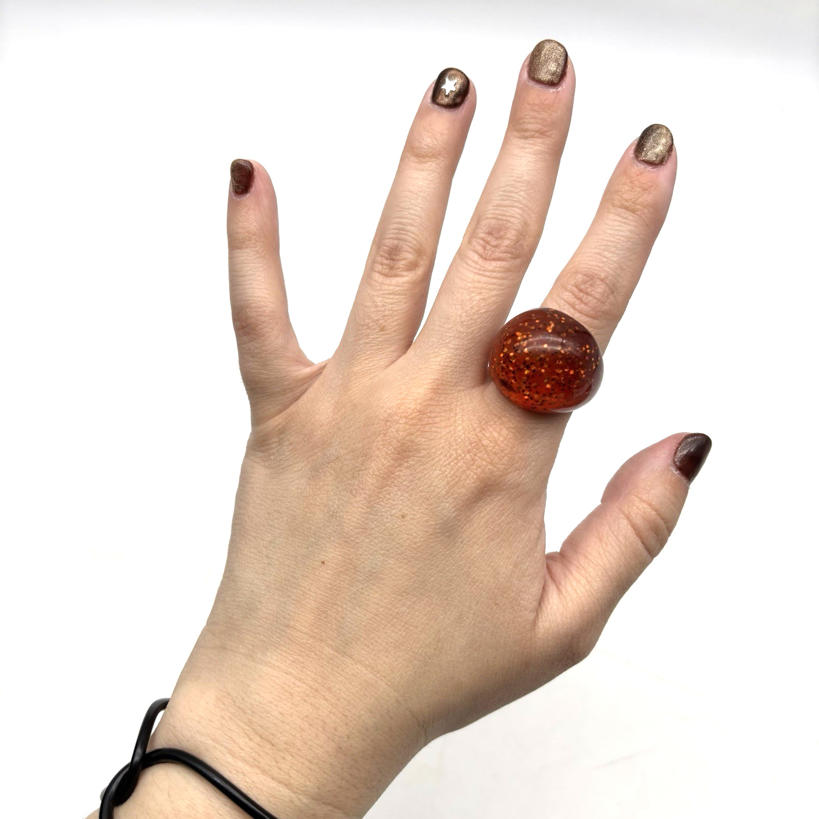 Vintage 1960s Amber Orange Acrylic Glittery Chunky Bubble Dome Ring Size 8.25
