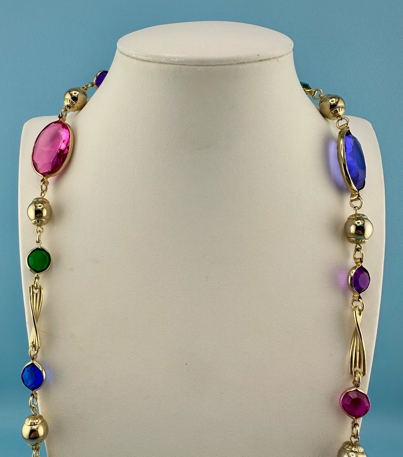 Vintage Open Bezel Lucite Necklace Gold Tone Multicolor Oval Round Faceted