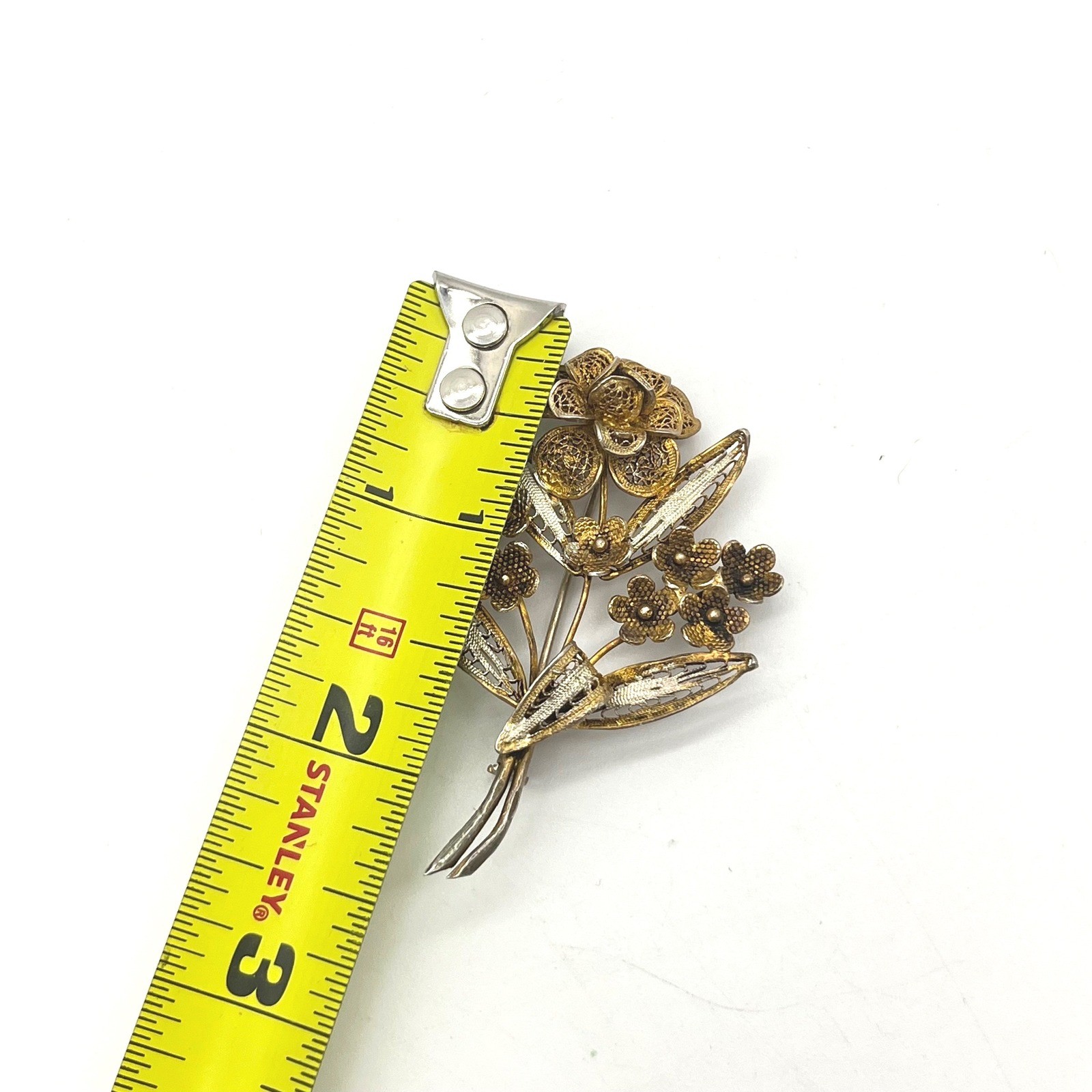 Vintage 800 Silver Filigree Floral Bouquet Brooch Gold Wash Flower Pin 2 Inch