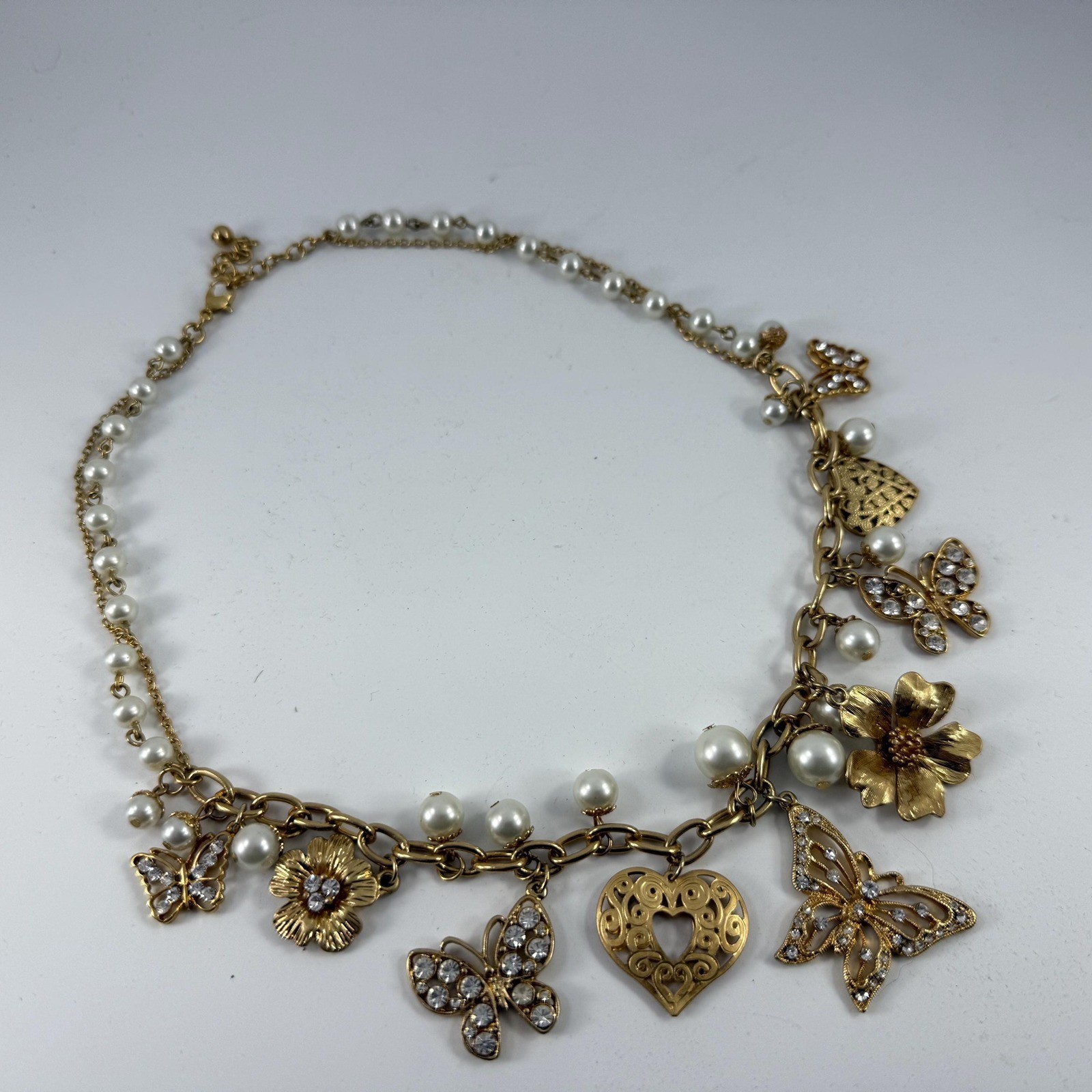 Vintage 1990's Era Charm Style Necklace Butterflies, Hearts and Flowers