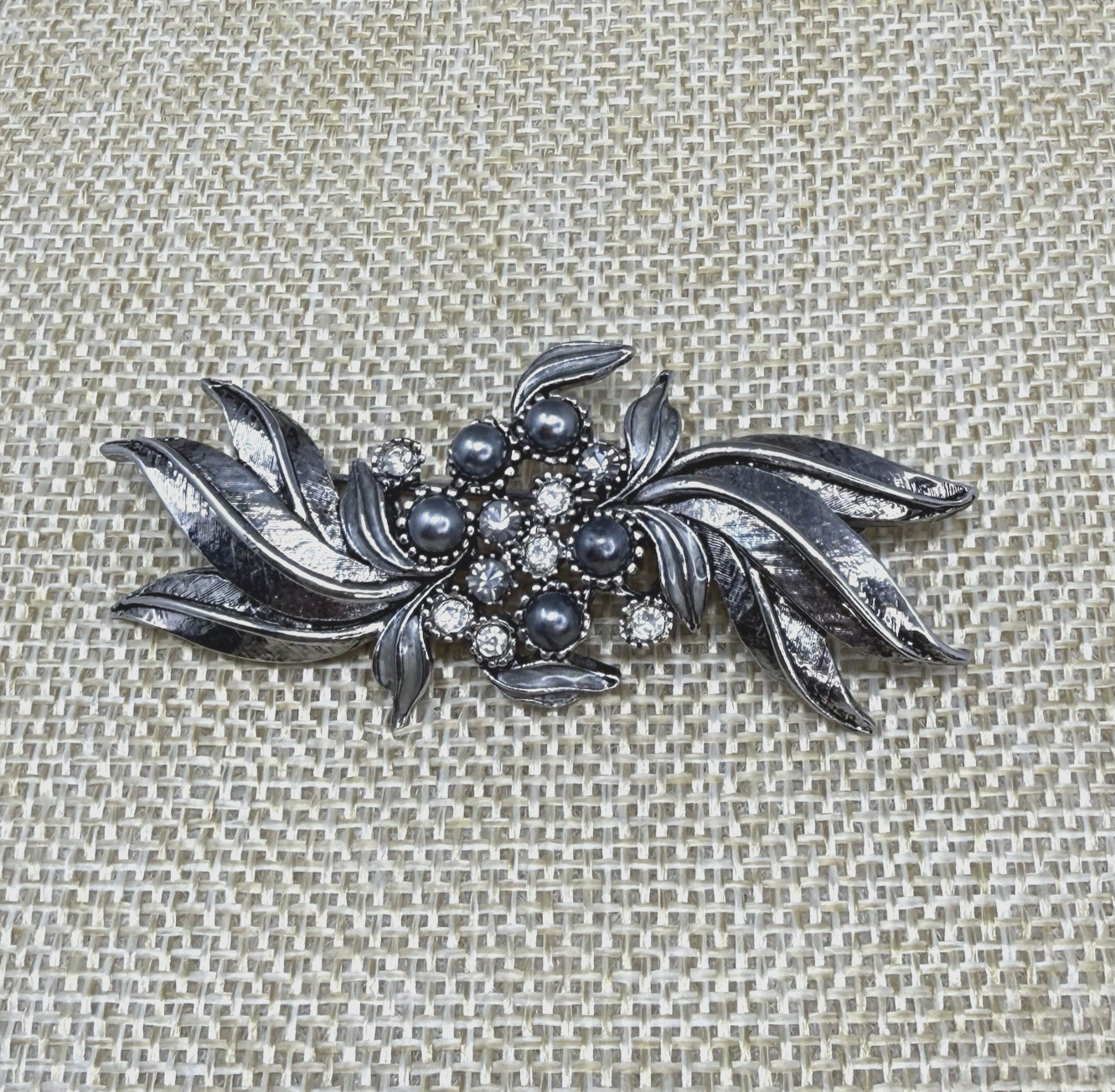Vintage Faux Gray Pearl and Clear Rhinestone Floral Spray Brooch Pin