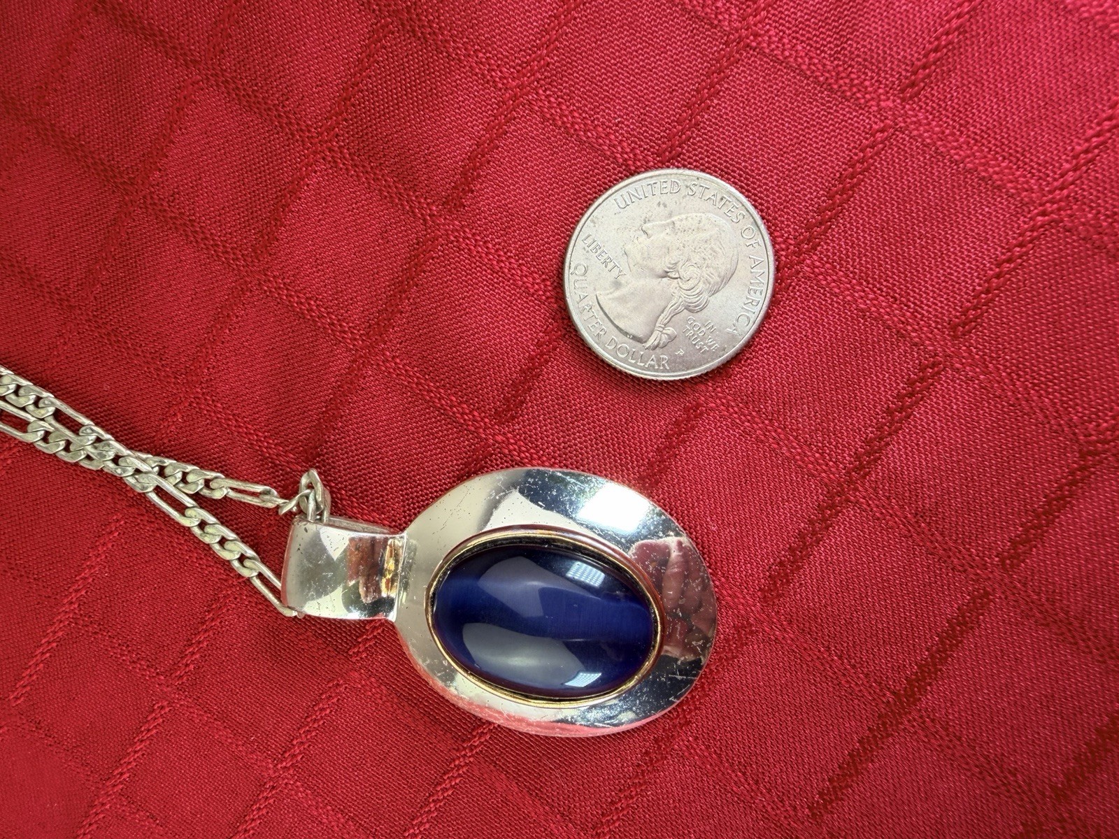 Vtg Silver Tone Blue Cabochon Pendant Necklace Modernist Figaro Chain 18” MCM