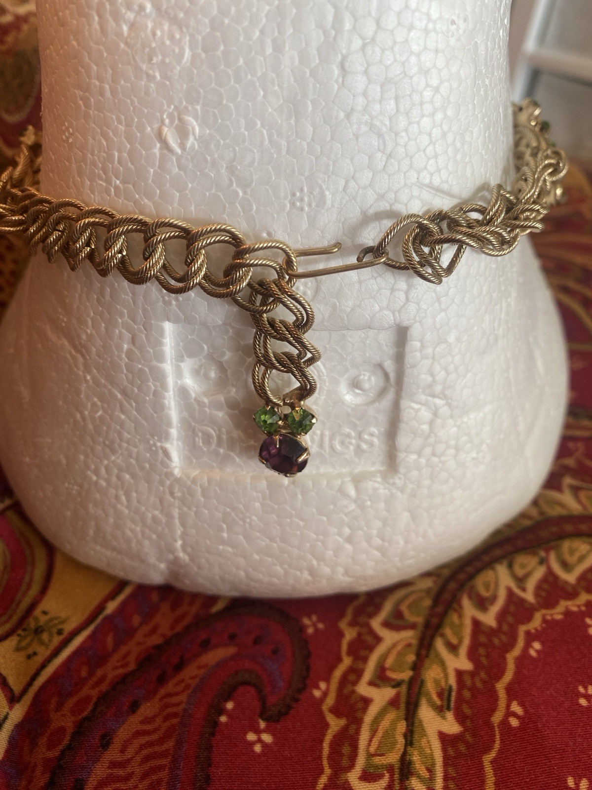 Vintage Gold Tone Necklace And Clip Earrings Purple & Lime Green Stones