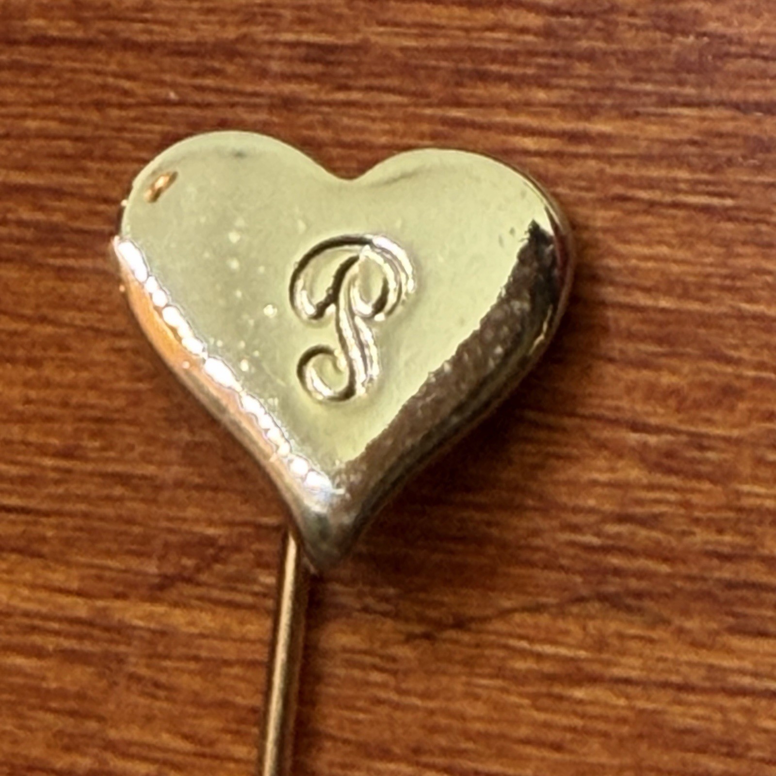 Vintage Engraved Letter P Heart Shaped Gold Tone Stick Pin 2-1/2″