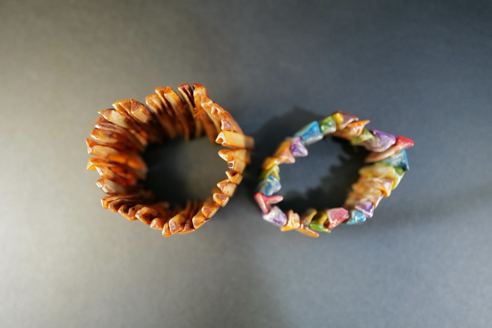 2 Pc Lot Mother Pearl Shell Tile Stretch Bracelets Multi Color Rainbow & Brown