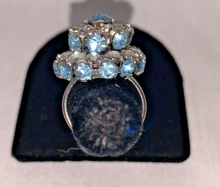 Vintage Silver Tone & Clear/Blue Topaz Rhinestone “Wedding Cake” Ring-Adjustable