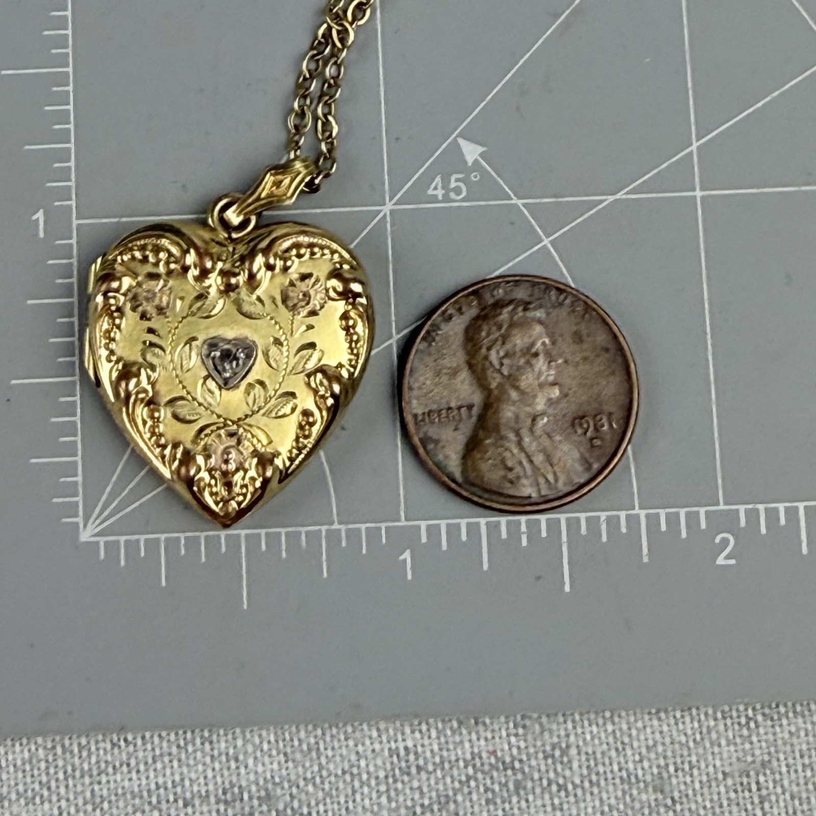 Antique Victorian Art Deco Gold Filled Diamond Heart Locket Pendant Necklace