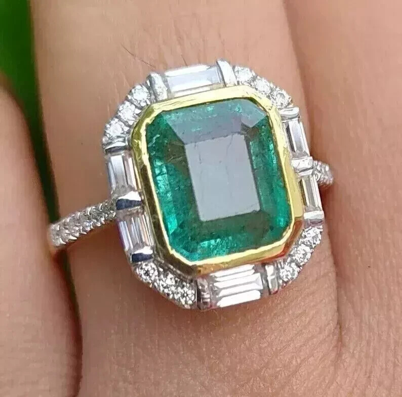 Art Deco Style Lab-Created Diamond & Emerald Cocktail Ring 14k White Gold Finish