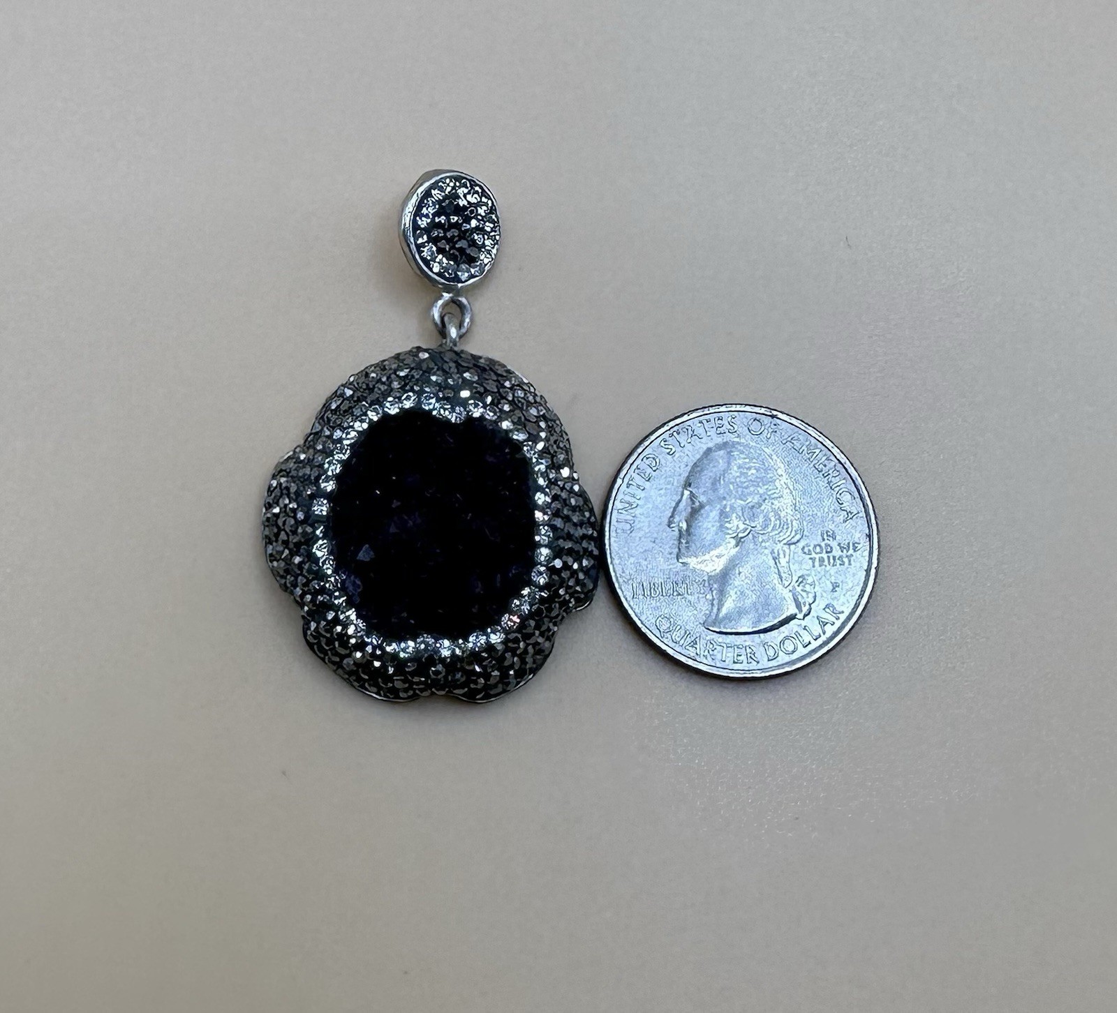 Vintage 925 Sterling Silver Druzy Amethyst Marcasite & Clear Stone Pendant