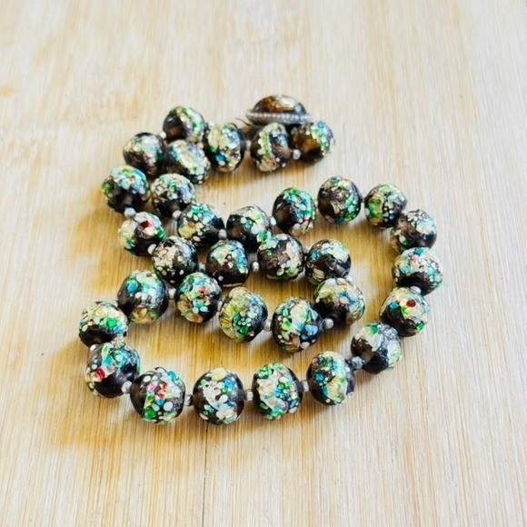 VTG 60s Art Glass Necklace Japan Foil Confetti Colorful Japanese beads 16″