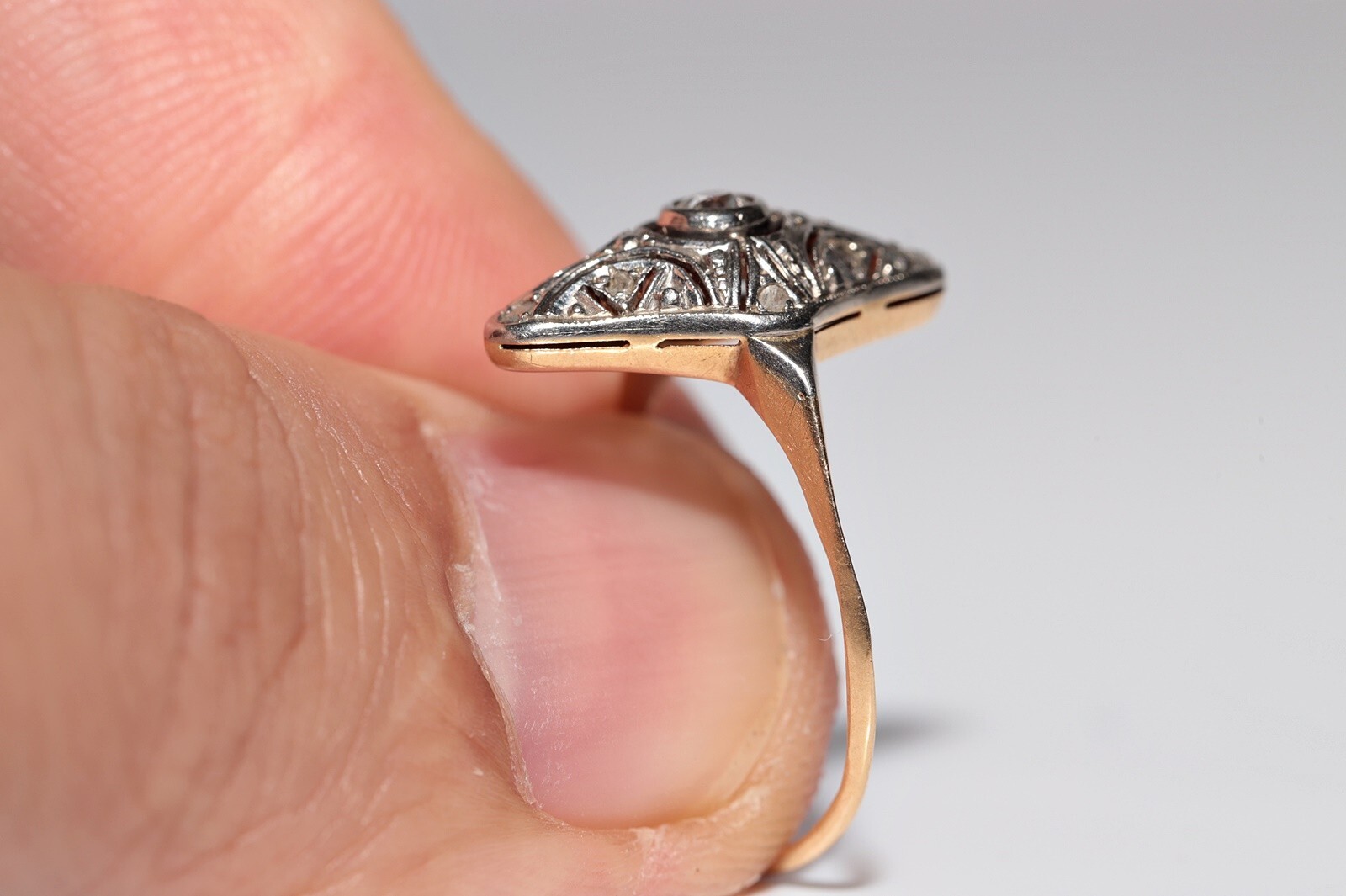 Antique Circa 1920s Art Deco 18k Gold Top Silver Natural Diamond Navette Ring