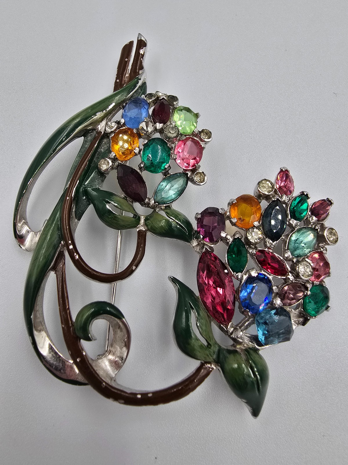 Vintage Enamel Pot Metal Flower Brooch Pin Multicolor Rhinestone Floral Bouquet