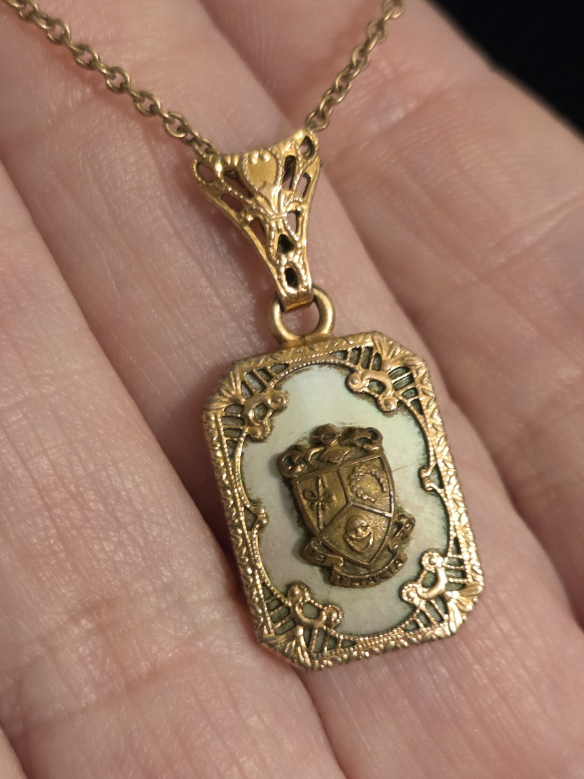 Antique 1929 Fraternity Sorority Pendant MOP Necklace GF 16″ Delicate Chain