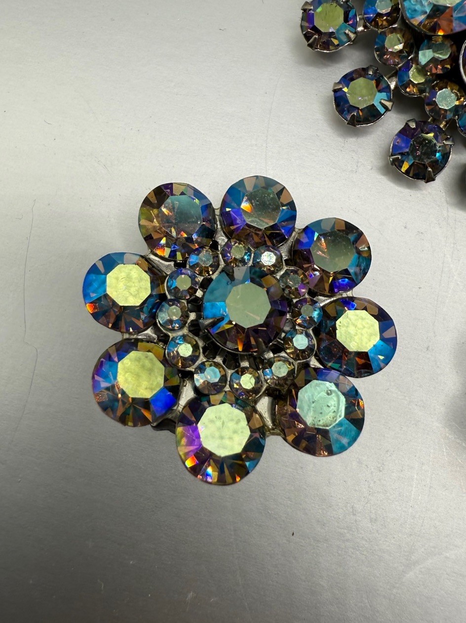 Vintage Aurora Borealis Earrings and Brooch Matching Set Costume Jewelry Blue
