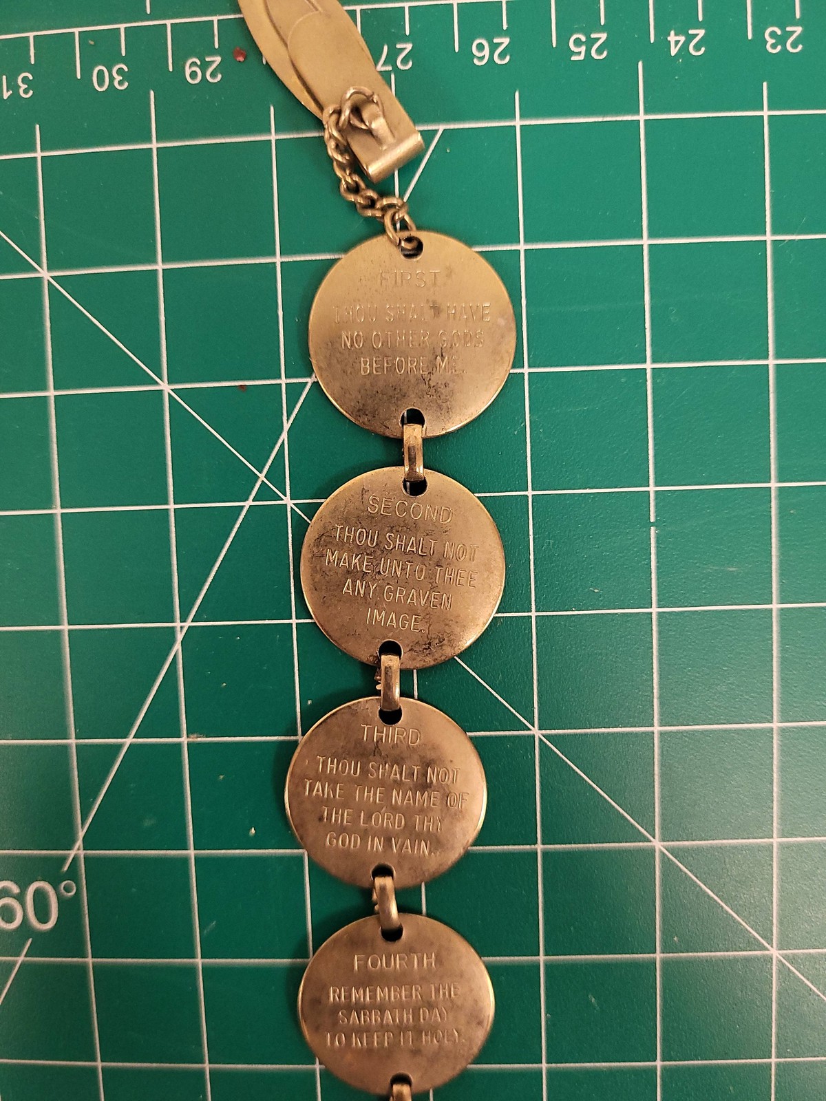 Vintage Ten Commandments Gold Tone Religious Medallion Coin Link Bracelet Clip