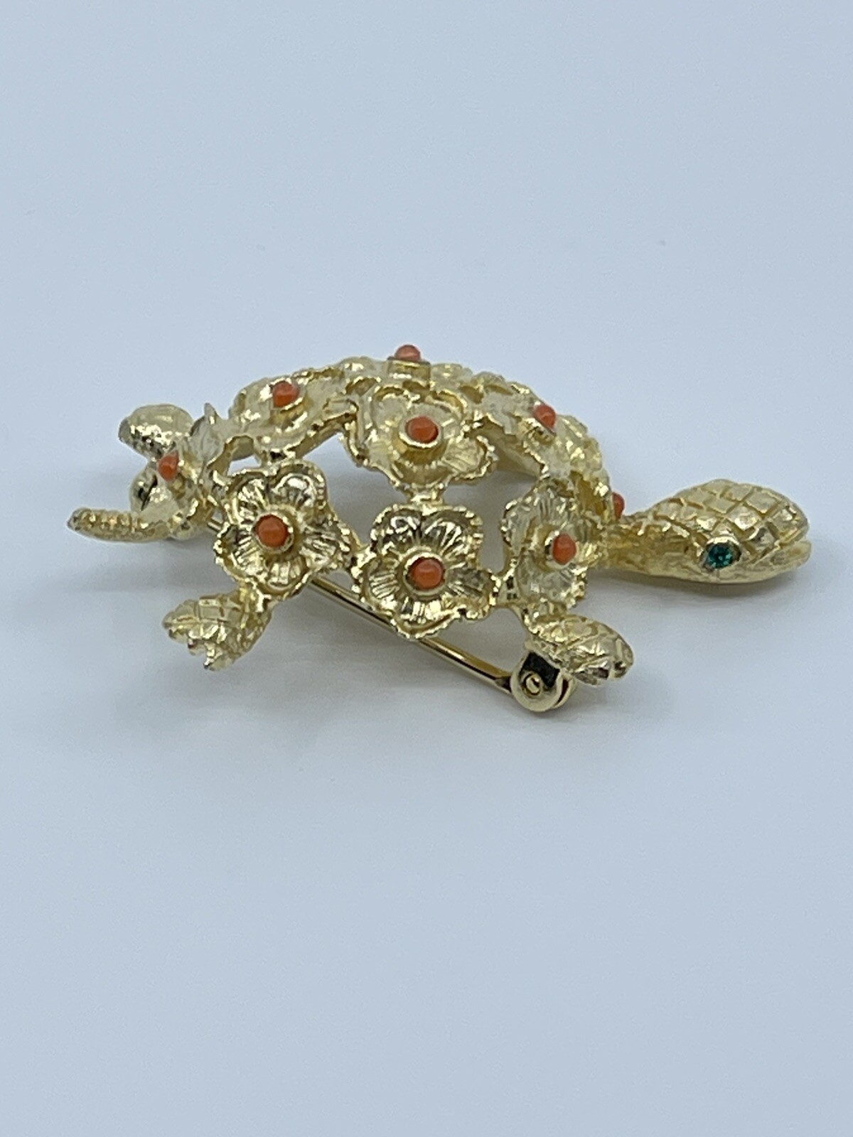 Vintage Brooch Pin De Nicola turtle faux coral and green rhinestone 1-3/4″