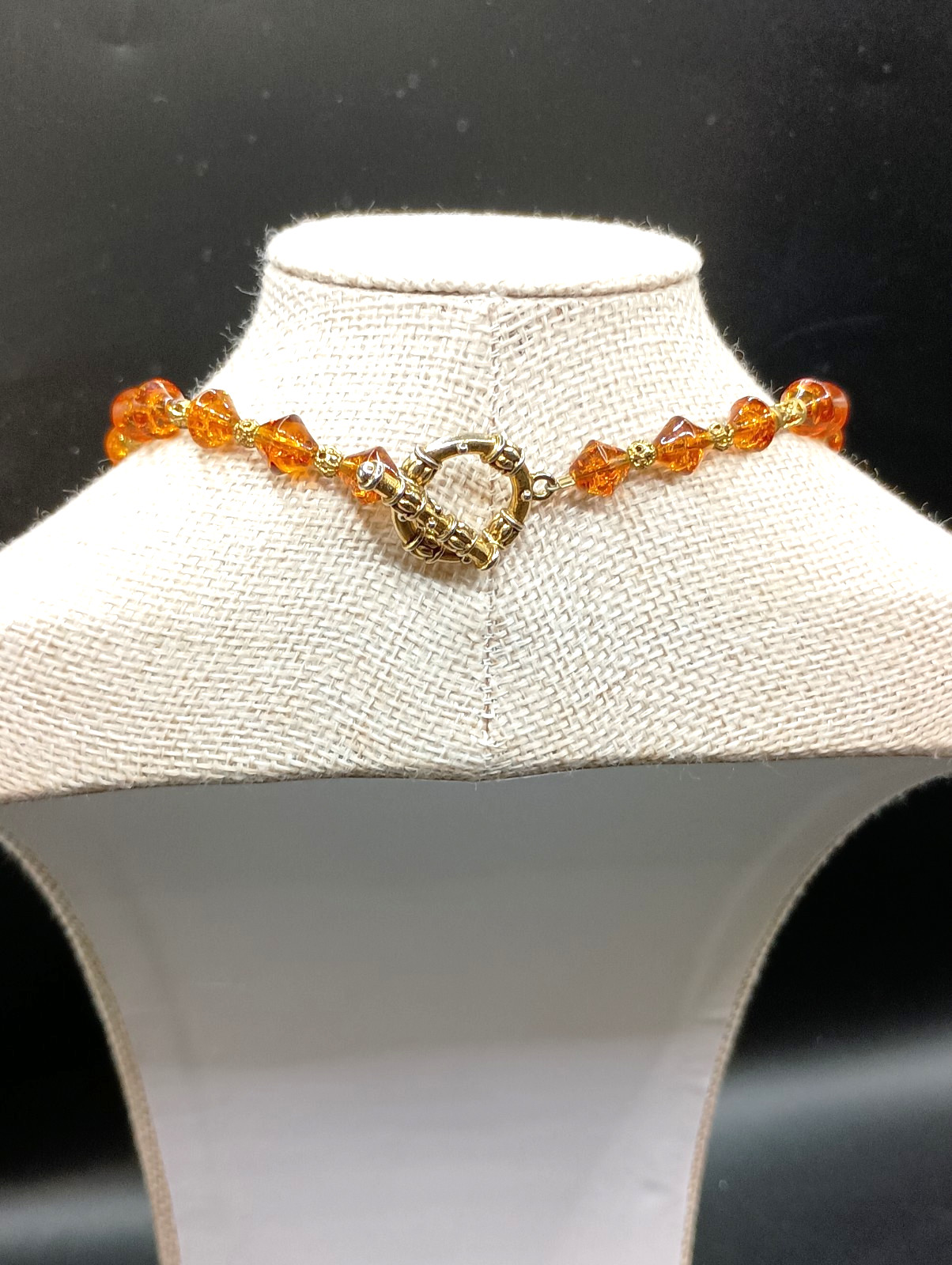 Vintage Orange Bicone Beaded Necklace Gold Tone Accents 22″
