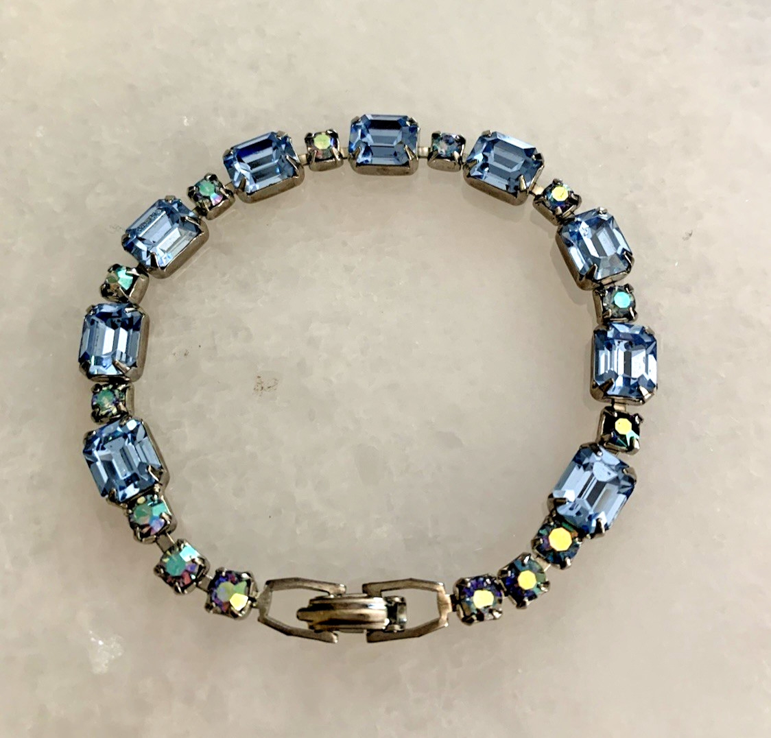 Weiss Vintage Blue Emerald and Round Cut Rhinestone Bracelet