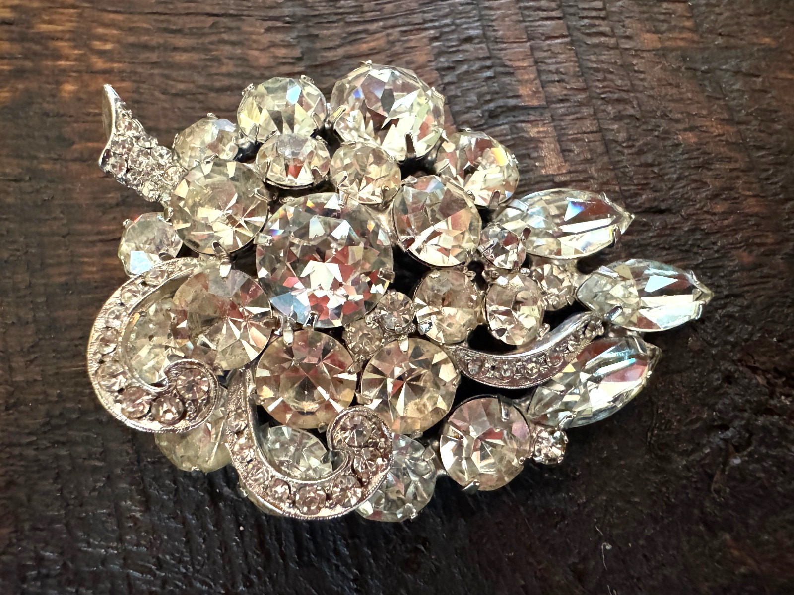 VTG Weiss Brooch Rhinestone Grapes Cluster Pin Silver Tone MCM 1950s 60s Costume