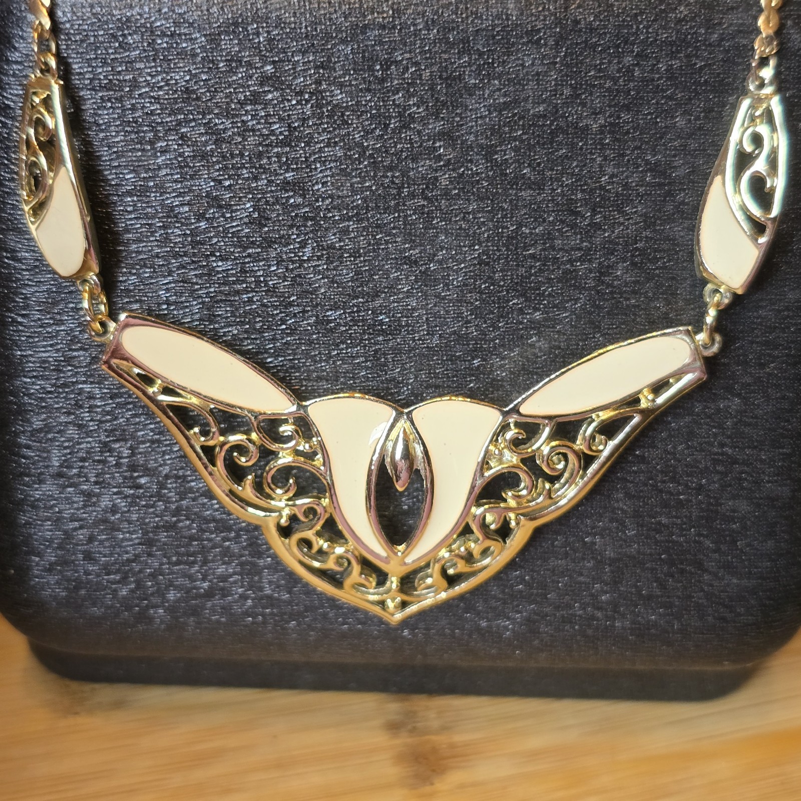 Vintage DeMilo Ivory Enamel Filigree Bib Necklace Statement Collar Art Nouveau