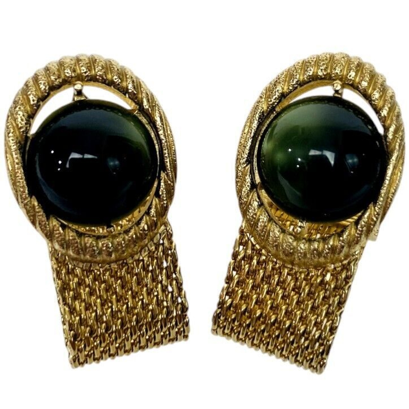 SWANK Green Cabochon Wraparound Mesh Fold over Cuff Links & Tie Clip Vintage