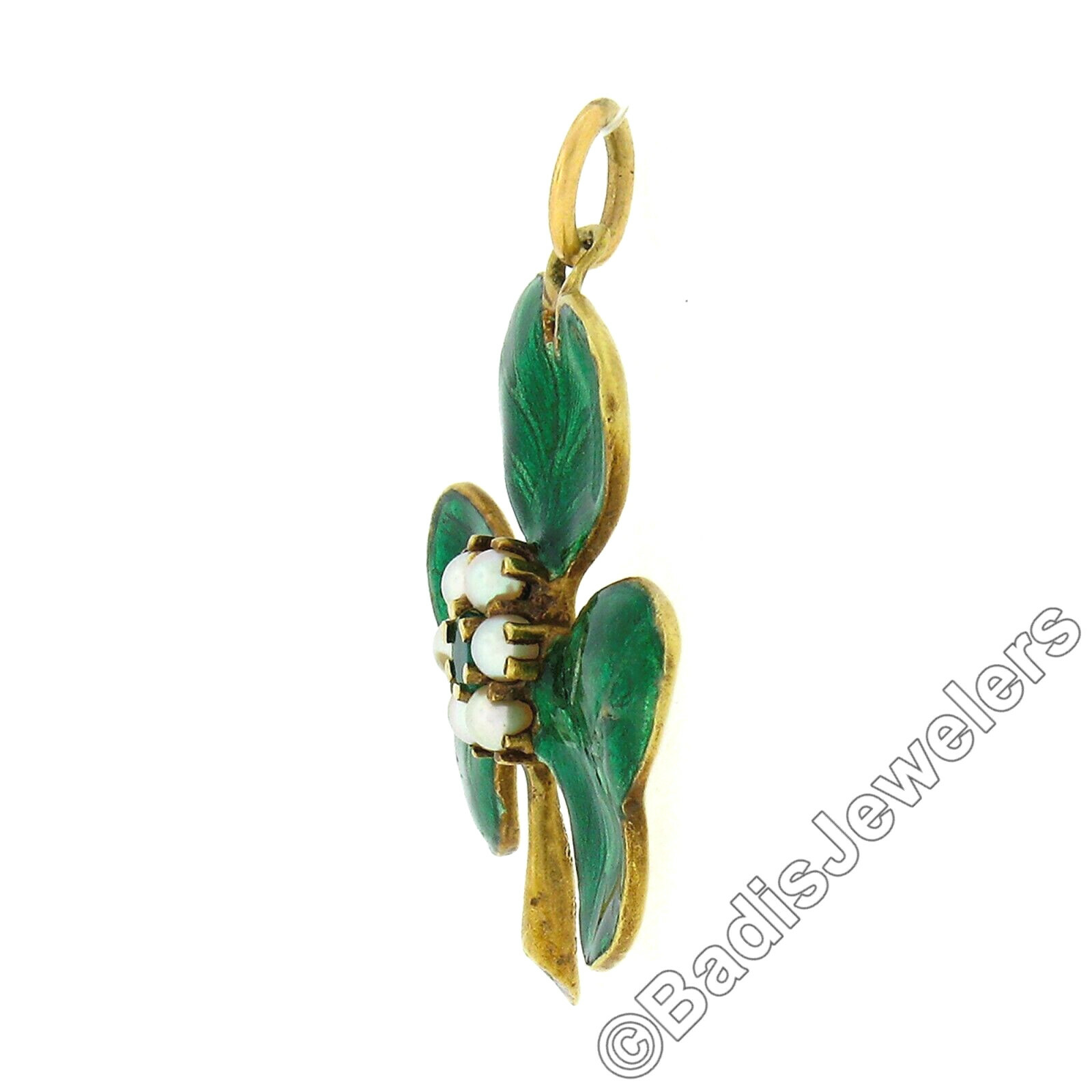 Antique 14k Gold Emerald Pearl Vivid Green Enamel Textured Clover Charm Pendant
