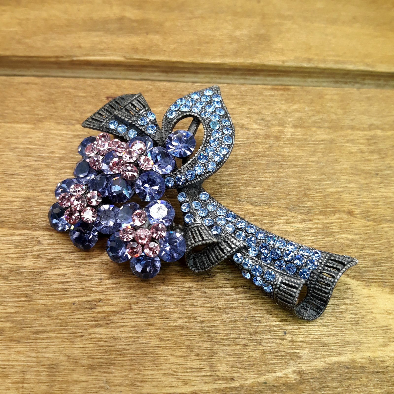 Vintage Pink & Blue Rhinestone Floral Bouquet Gunmetal Brooch 2.5″