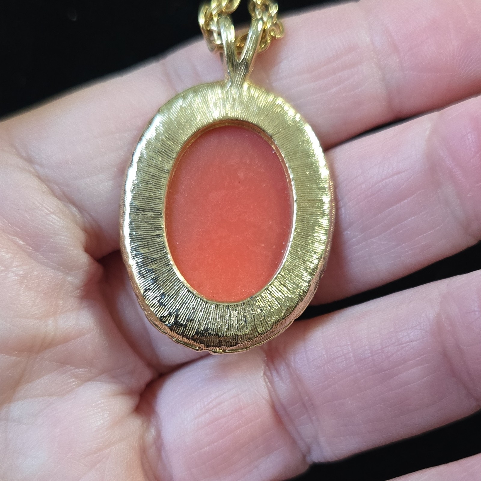 Gold Tone Oval Cameo Necklace Cream Orange Portrait Vintage Style