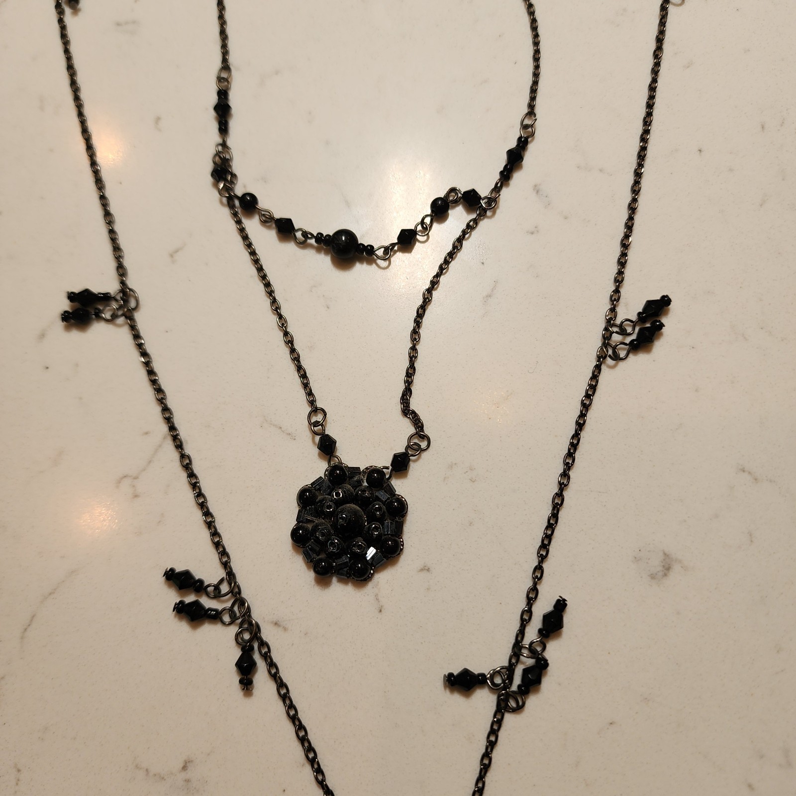 VTG Victorian Style 3 Layer 32″ Necklace Black with Silver Tone