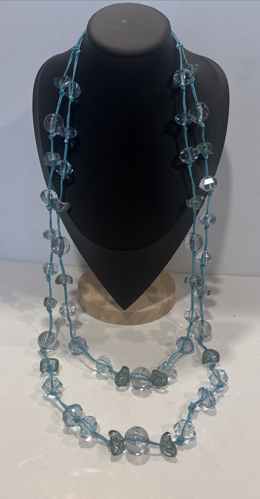 Y2K Chunky Acrylic Moon Bead 34″ Necklace Blue Knotted Cord Boho 2000s