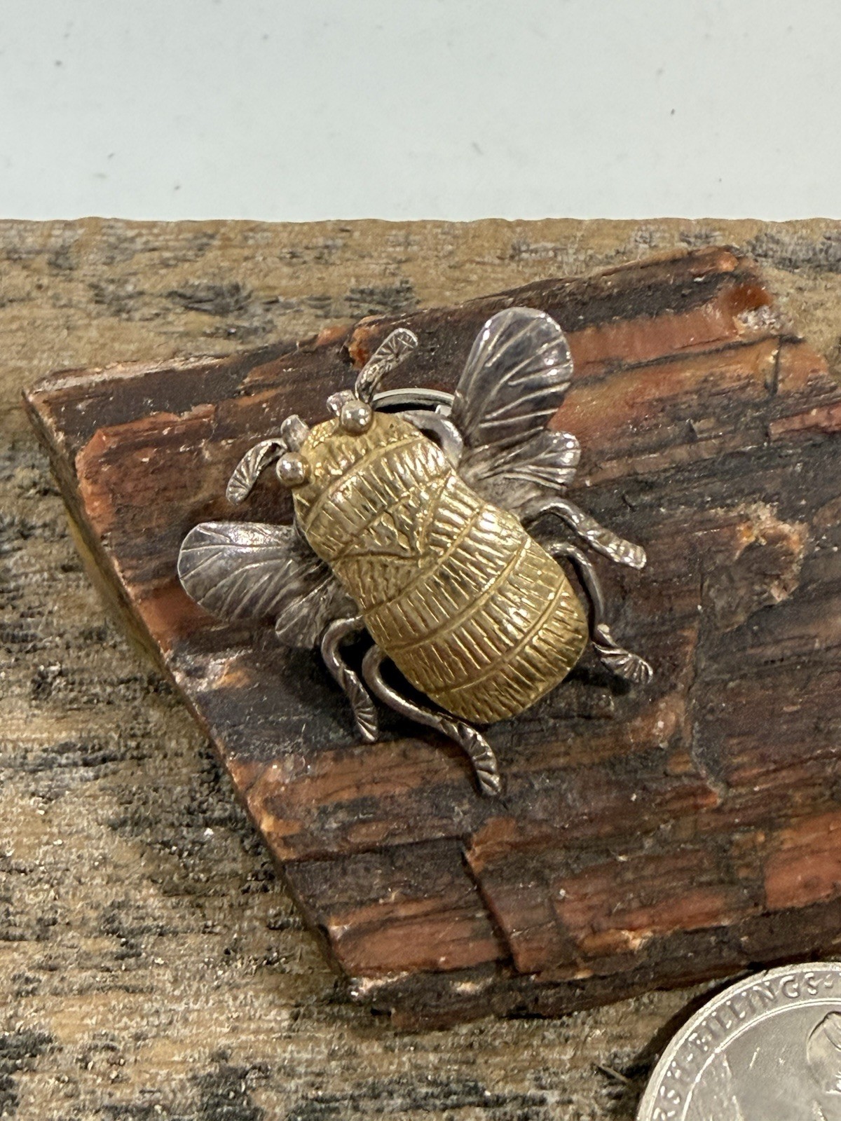Vintage Sterling Silver Mexico Bee Figural Brooch Mixed Metal Taxco Style Insect