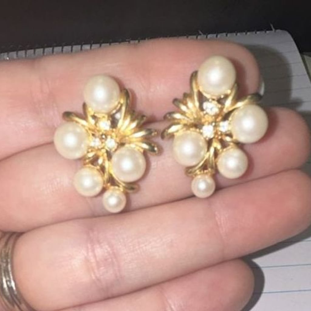 Vintage Gold Tone Faux Pearl and Rhinestone Cluster Stud Earrings